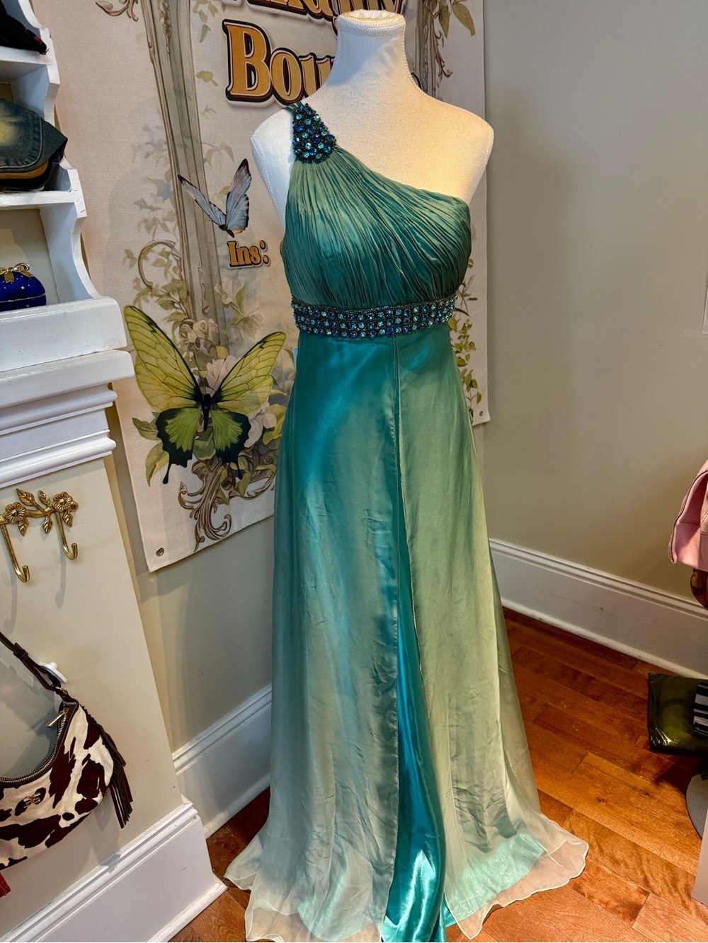 One-Shoulder Teal Evening Gown with Beaded Waist